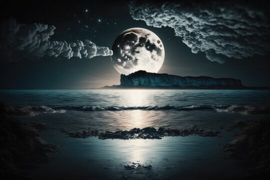 Scenery at night for the background. The sky at night, the moonlit above. The moon reflected in the sea. Generative AI