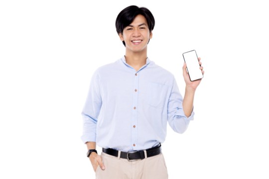 Attractive young smart Asian man using mobile smart phone and showing display screen isolated on transparent background. PNG file format.