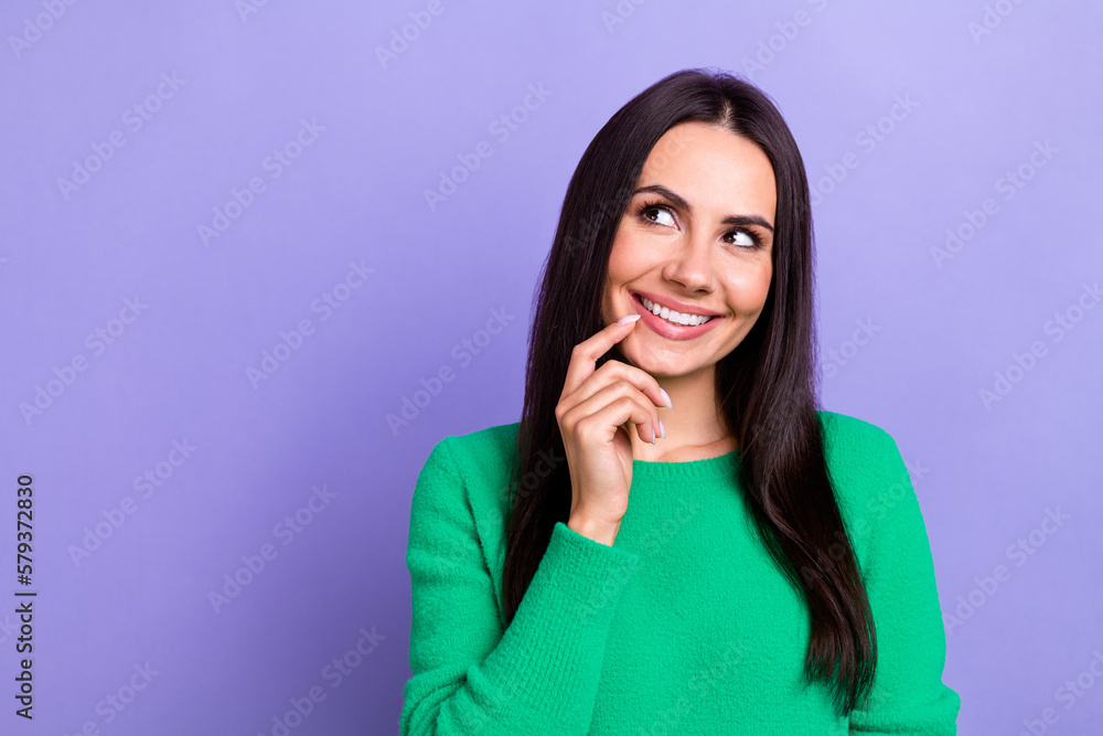 Sticker Portrait of dreamy cute nice beautiful lady bite nail wear green trendy jumper bite nail look empty space cunning isolated on violet color background