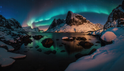 Paysage nordique en hiver et de nuit avec aurore bor&eacute;ale, reflet des montagnes et du ciel dans l'eau du lac, de la mer