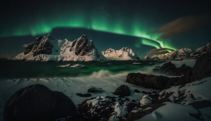 Paysage nordique en hiver et de nuit avec aurore boréale, reflet des montagnes et du ciel dans l'eau du lac, de la mer