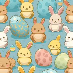 Easter seamless pattern with easter bunnies and easter eggs