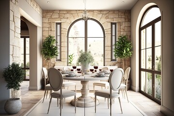 Elegant dining in a spacious room bathed in natural light and with a breathtaking view of the outdoors. The stone floor, plants, and large classic window are all very traditional touches. Beige and wh