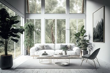 Modern Living Room Design, Luxury Elegant Interior, Big Sofa, Green Plants Abstract Generative AI Illustration
