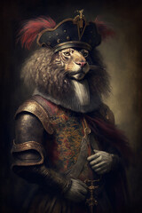 An anthropomorphic lion in a renaissance painted style. 
