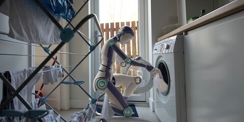 A generic blue and white domestic robot kneeling down and pulling clothing from a washing machine in a domestic utility room with washing hanging up on a drying rack in the foreground.
