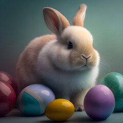 Easter bunny with colored easter eggs AI generated