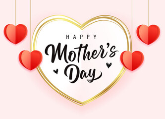 Happy Mothers Day banner with golden heart frame and origami hearts. The best mom, vector greeting card