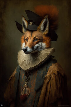 An anthropomorphic fox in a renaissance painted style. 