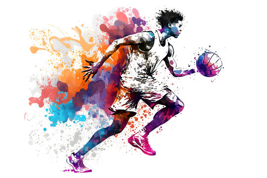 Basketball watercolor splash player in action with a ball isolated on white background. Neural network AI generated art
