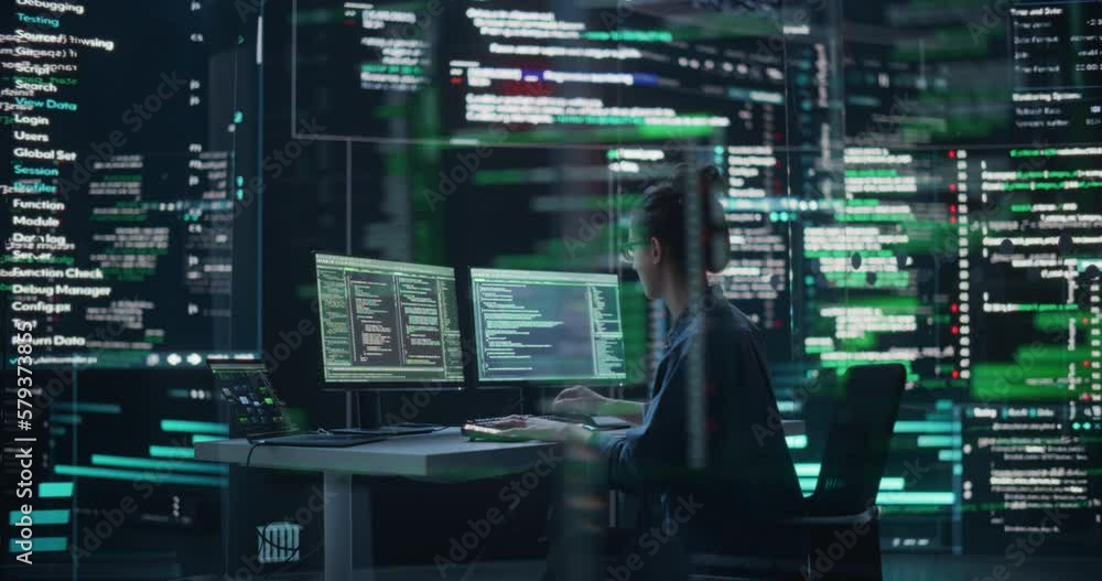 Aufkleber Dolly Shot of Female Programmer Working in a Monitoring Control Room, Surrounded by Big Screens Displaying Lines of Programming Language Code. Portrait of Woman Creating a Software and Coding