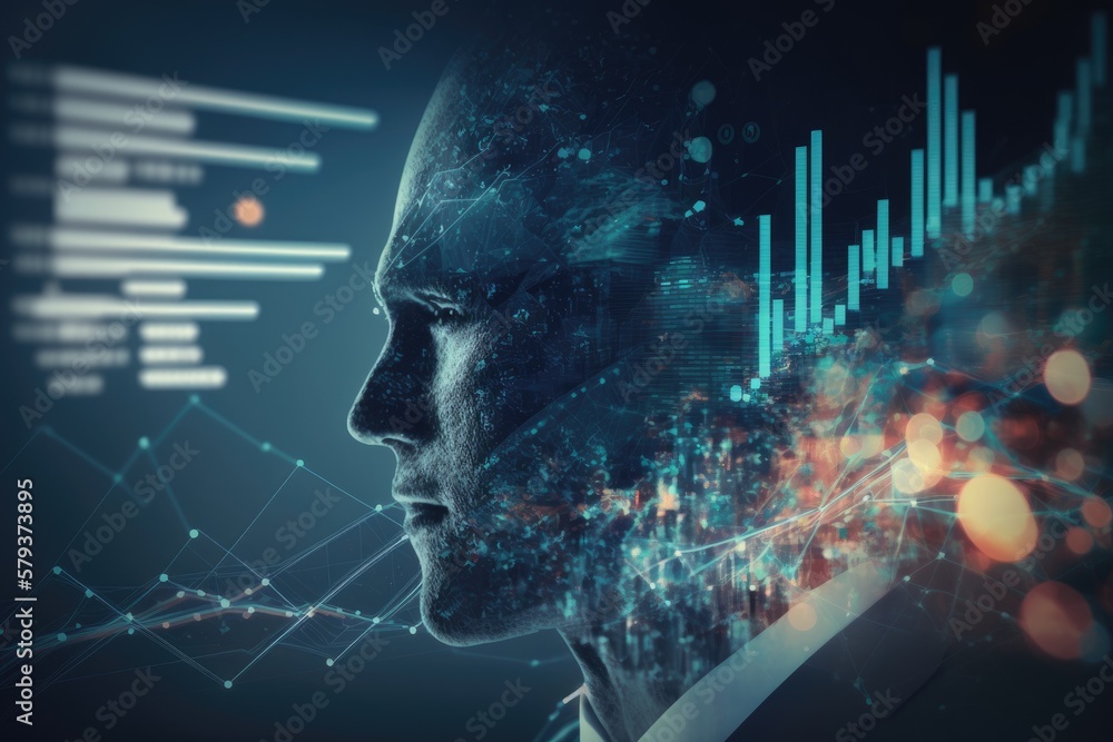 Poster algorithmic trading is represented by a double exposure of a financial graph and a virtual human ill