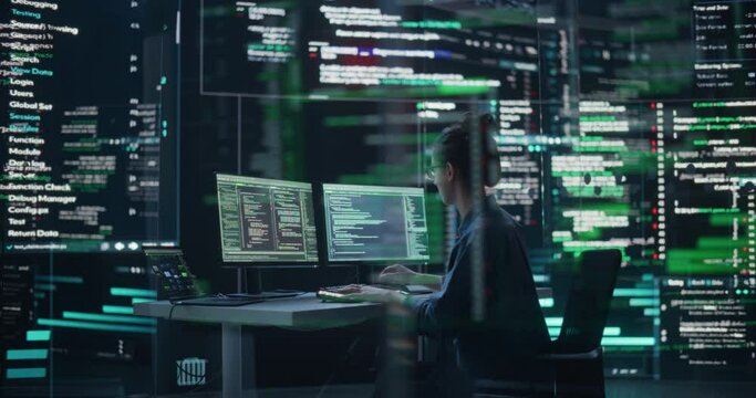 Dolly Shot of Female Programmer Working in a Monitoring Control Room, Surrounded by Big Screens Displaying Lines of Programming Language Code. Portrait of Woman Creating a Software and Coding