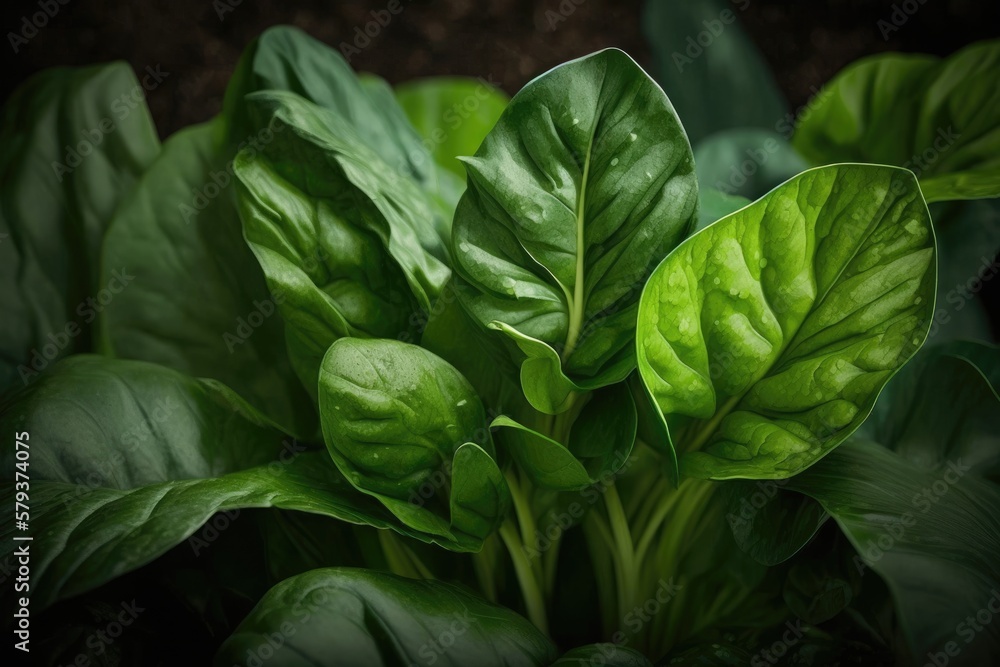 Poster Leaves of young spinach enclose. Vegetarian and organically cultivated for optimal health. Generative AI