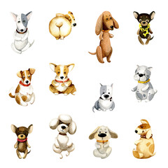 Set of cute cartoon dogs Watercolor animal illustration, isolated on a white background.