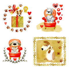 Set of cute dog portrait. Cartoon dogs in different frames, with a watercolor background. Watercolor animal illustration, isolated on a white background. - 579374465