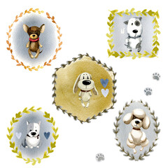 Set of cute dog portrait. Cartoon dogs in different frames, with a watercolor background. Watercolor animal illustration, isolated on a white background. - 579374466