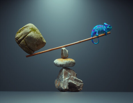Chameleon in balance with a big stone.