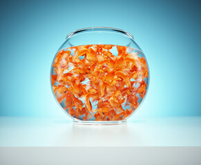 Lots of goldfish in bowl on blue background. The concept of captivity. T