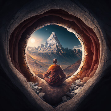 A himalayan yogi meditating in a cave with a majestic view of a mountain