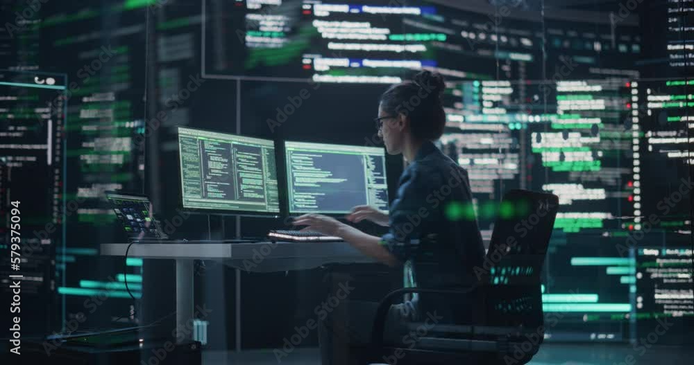 Poster Female Developer Thinking and Typing on Computer, Surrounded by Big Screens Showing Coding Language. Professional Programmer Creating Software, Running Coding Tests. Futuristic Concept of Programming