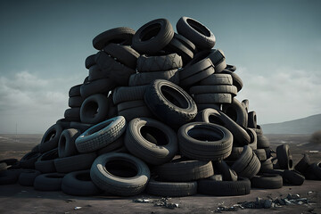 Big pile of used old car tires for recycling. Neural network AI generated art - obrazy, fototapety, plakaty