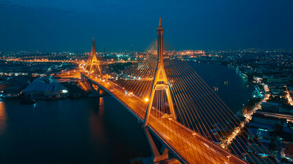 Bridge view from the top view of  Thailand, Beautiful bridge, and river landscapes bird's eye view during sunset