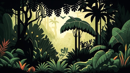Jungle forest view, tropical trees, generative AI.