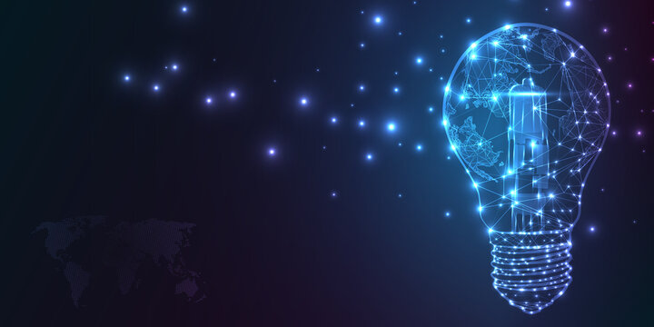 Cloud Computing. Electric and Global Network Connections Concept Design with Earth Globe Inside a Glowing Light Bulb. Transparent Geometric Mesh and World Map. Illustration in Editable Vector Format