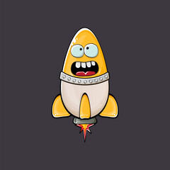 Rocket spaceship character. Cartoon space rocket isolated on space background. Funky spaceship and shuttle character with eyes and mouth. Vector retro space ship clip art, emoji, label and sticker