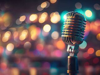 Microphone. Microphone on stage. Bokeh background. Banner. Copy space. generative AI