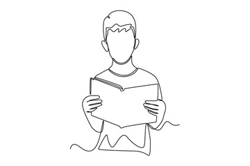 Single one line drawing happy boy reading a book. World book day concept. Continuous line draw design graphic vector illustration.