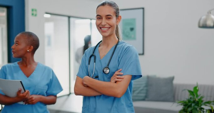 Proud face of woman doctor in busy hospital for healthcare services, leadership and happy career mindset. Confident portrait of young medical professional or female nurse in clinic or health care job