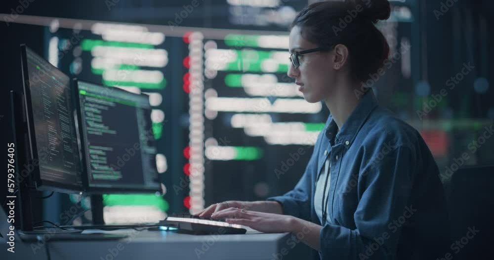 Poster Medium Shot of a Woman Working as a Developer, Surrounded by Big Screens Displaying Lines of Code in a Monitoring Room. Female Programmer Using Desktop Computer, Analysing Data, Creating AI Software