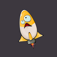 Rocket spaceship character. Cartoon space rocket isolated on space background. Funky spaceship and shuttle character with eyes and mouth. Vector retro space ship clip art, emoji, label and sticker