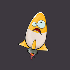 Rocket spaceship character. Cartoon space rocket isolated on space background. Funky spaceship and shuttle character with eyes and mouth. Vector retro space ship clip art, emoji, label and sticker