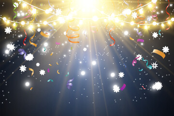 	
Christmas bright, beautiful lights, design elements. Glowing lights for design of Xmas greeting cards. Garlands, light Christmas decorations.	
