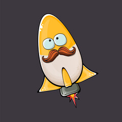 Rocket spaceship character. Cartoon space rocket isolated on space background. Funky spaceship and shuttle character with eyes and mouth. Vector retro space ship clip art, emoji, label and sticker
