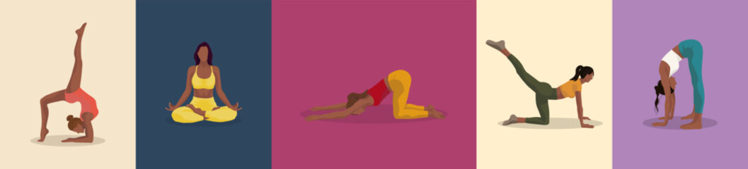 5 black girls in different poses set doing sport pilates exercise in yellow blue pink red green clothes on pink blue purple beige background for apps banners cards