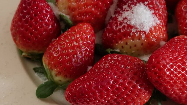 sucre vers&eacute; sur plusieurs fraises, en gros plan