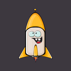 Rocket spaceship character. Cartoon space rocket isolated on space background. Funky spaceship and shuttle character with eyes and mouth. Vector retro space ship clip art, emoji, label and sticker