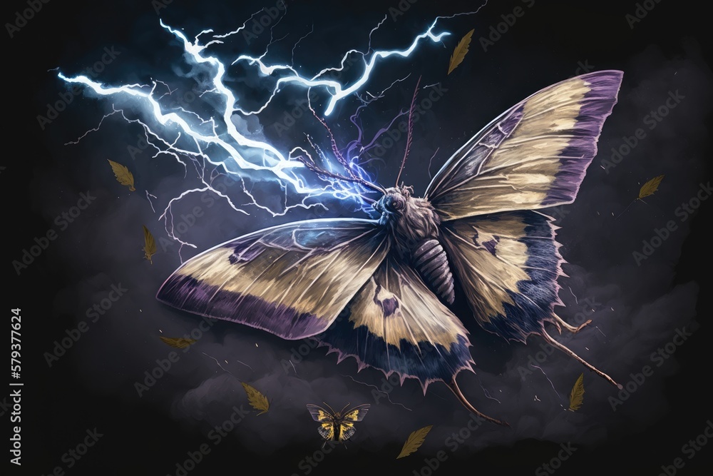 Poster print design with a butterfly amidst a storm cloud backdrop and a bolt of lightning. generative ai