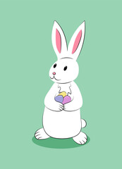 White cozy easter rabbit with colored eggs in paws