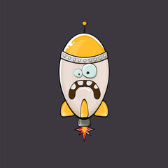 Rocket spaceship character. Cartoon space rocket isolated on space background. Funky spaceship and shuttle character with eyes and mouth. Vector retro space ship clip art, emoji, label and sticker