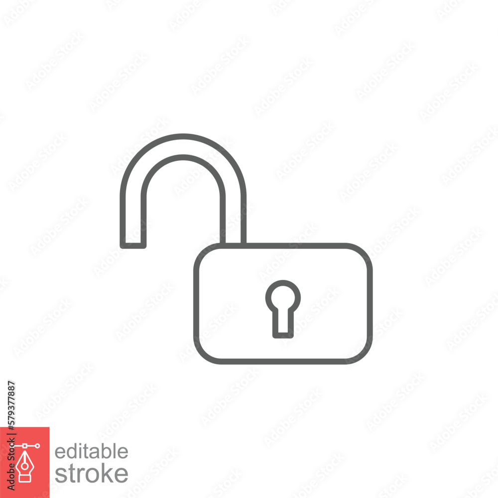 Poster unlocked lock icon. simple outline style. padlock with keyhole, open key, security concept. thin lin