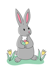 Grey easter rabbit with colored eggs and tulips