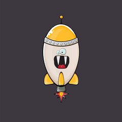 Rocket spaceship character. Cartoon space rocket isolated on space background. Funky spaceship and shuttle character with eyes and mouth. Vector retro space ship clip art, emoji, label and sticker
