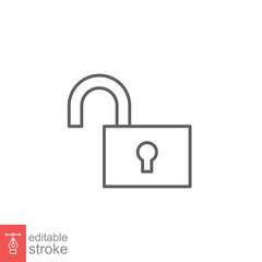 Unlocked lock icon. Simple outline style. Padlock with keyhole, open key, security concept. Thin line vector illustration design on white background. Editable stroke EPS 10.