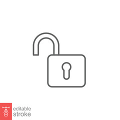 Unlocked lock icon. Simple outline style. Padlock with keyhole, open key, security concept. Thin line vector illustration design on white background. Editable stroke EPS 10.