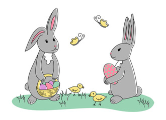 Grey easter rabbits with colored eggs and chicks